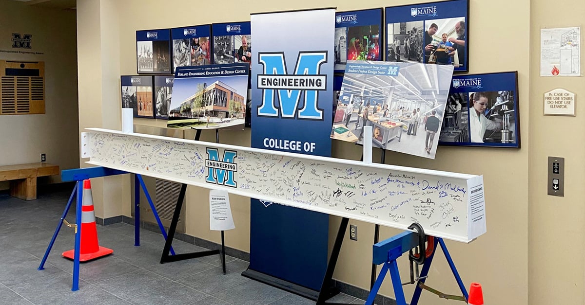 Photo of signed structural beam for UMaine Ferland EEDC topping off ceremony