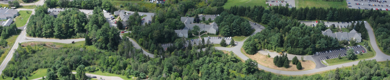 Aerial view showing the five buildings distributed throughout the site