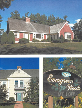 Actual buildings and entry sign of Evergreen Woods