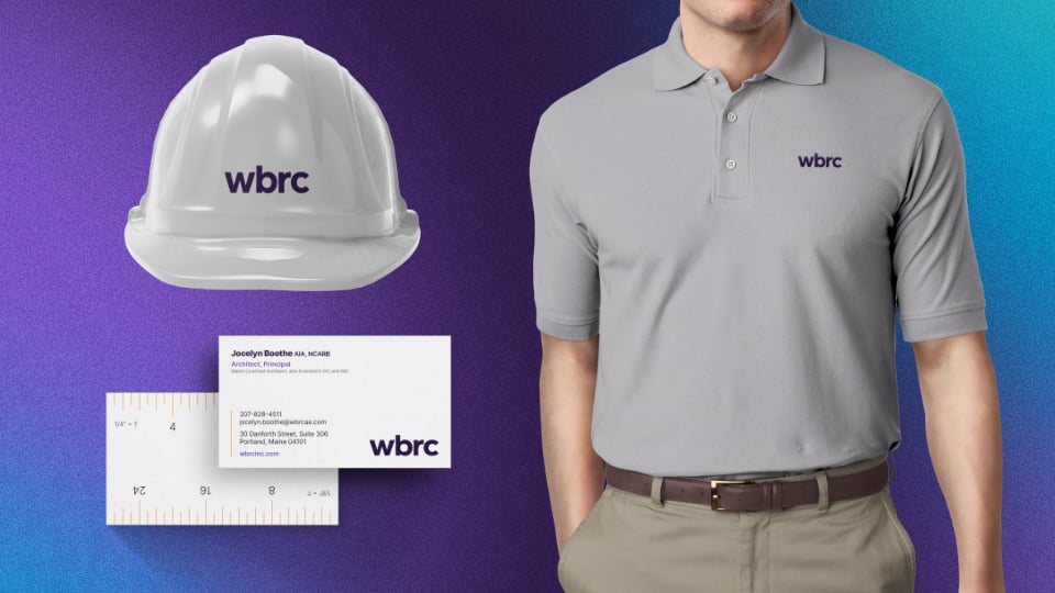 Image of WBRC's new logo applied to hard hat, business card, and polo shirt